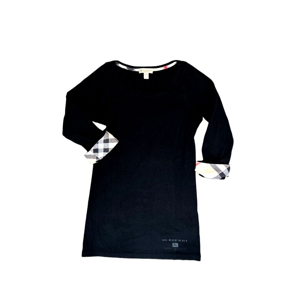 Burberry Brit Black Cotton 3/4 Check Sleeve Top Size Small